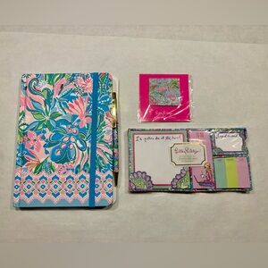 Lilly Pulitzer Pink Flamingo journal, sticky notes, and writing pen